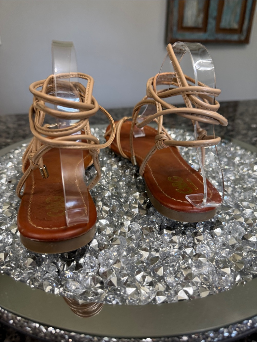 GBG Los Angeles Beige Lace-Up ankle strap Sandals with Gold G Emblem - Picture 4 of 10